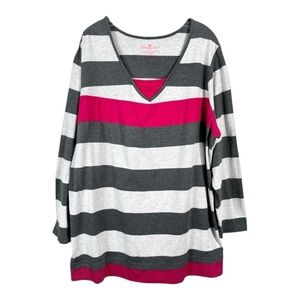 Woman Within Gray Striped Pink Detail Oversized Pullover Sweatshirt Plus Size 2X